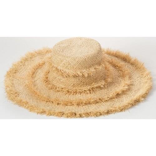 Straw tassel decoration hand-woven large eaves flat top raffia straw hat sunscreen sunshade beach raw edge straw hat