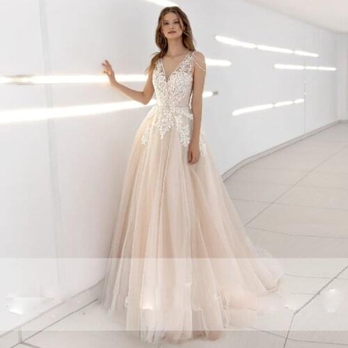 GY Receipt Beading Wedding Gowns Classic Champagne Wedding Dress V-Neck Lace Appliques Princess Tulle Long Bridal Dress