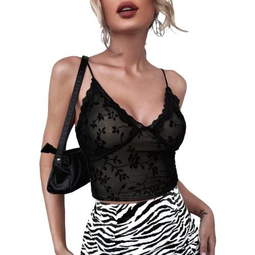 Womens Crop Cami Tops, Sexy Spaghetti Strap V Neck Floral Pattern Lace Trim Camisole