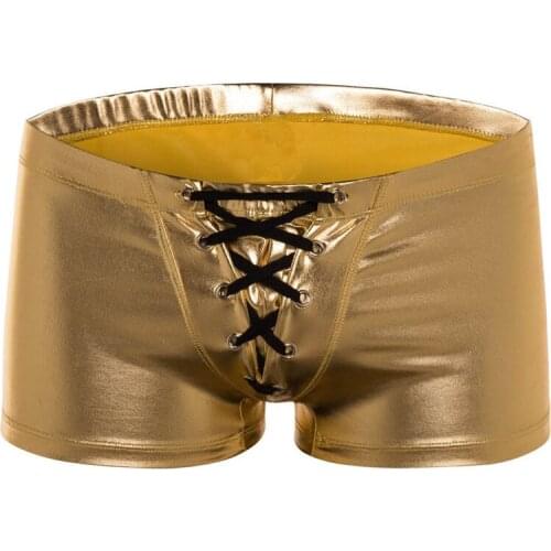 Men Boxer Shorts Sexy PU Leather Lace Up Trunks Underwear Training Swimming Shorts Boxershorts Gay Panties Latex PVC Clubwear