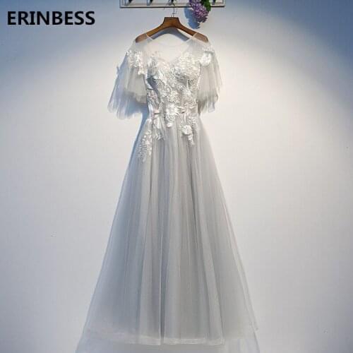 Vestido De Festa Scoop Neck Short Sleeve Long Prom Dresses Gray Tulle With Appliques A-Line Prom Dress 2020 Women Formal Gowns