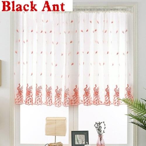 Peacock Embroidery Screen Blue for Small Window Treatment Kitchen Roman Home Decor Sheer Short Curtain T133#30