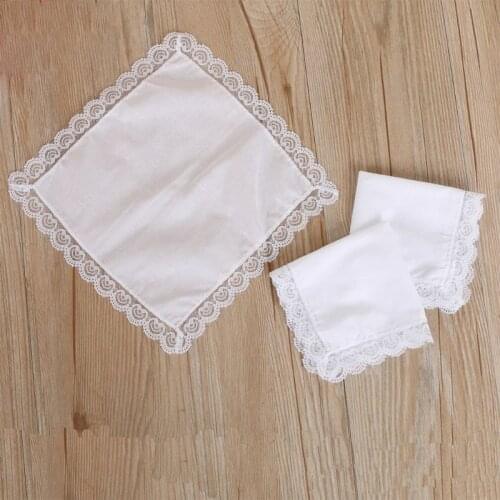 Women Plain White Square Handkerchiefs Crochet Peach Heart Scalloped Lace Trim Bridal Wedding DIY Cotton Napkin Hankies 25x25cm