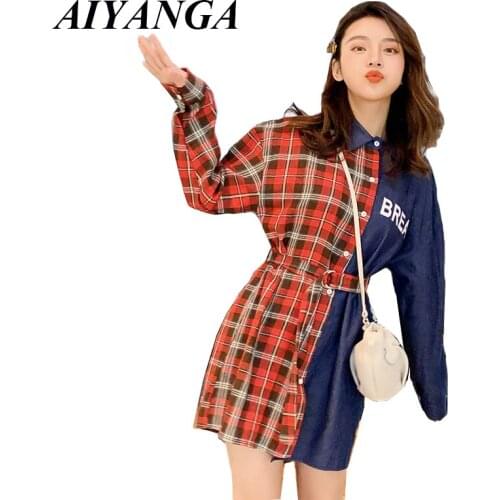 Womens Clothing Long Sleeve Shirt Dress 2019 Spring Denim Patchwork Dresses Women Casual Plaid Contrast Color Vestido Plus Size