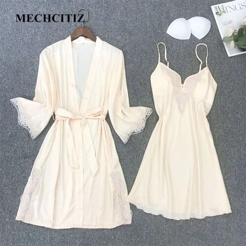 MECHCITIZ 2021 Women Silk Robe Gown Set Spring Sexy Lace Sleepwear Dress Satin Pajamas Casual Bathrobe Home Lingerie WIth Belt