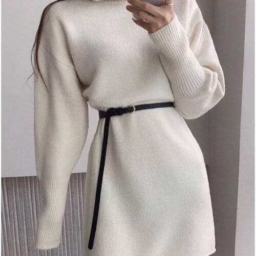 Chic Turtleneck Full Sleeve Female Knitted Mini Dress Elegant Slim Waist Belted Female Package Hip Sweater Vestidos