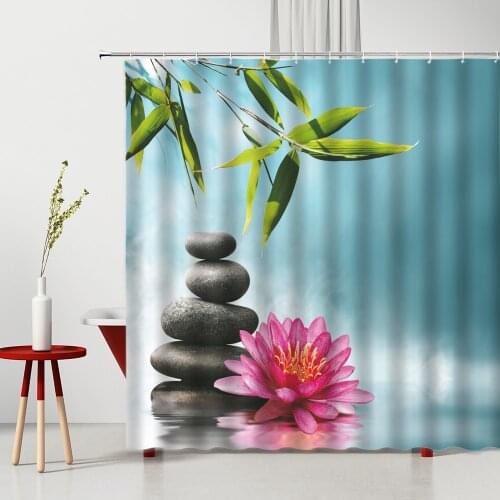 3D Zen Stone Shower Curtain Green Bamboo Flower Lotus Spa Pattern Bathroom Decor Polyester Fabric Washable Bath Cloth Curtains