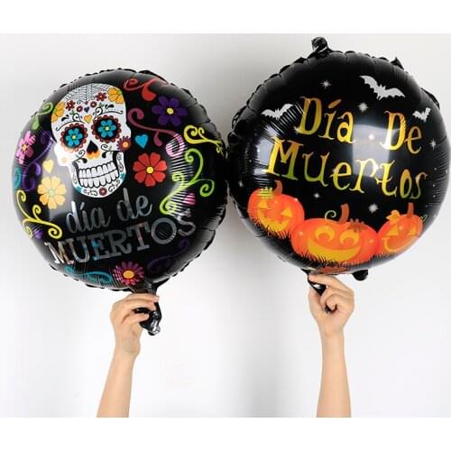 5pcs/set New 18inch Round Halloween Aluminum Foil Balloons Spanish Dia De Muertos Helium Globos Happy Birthday Party Supplies