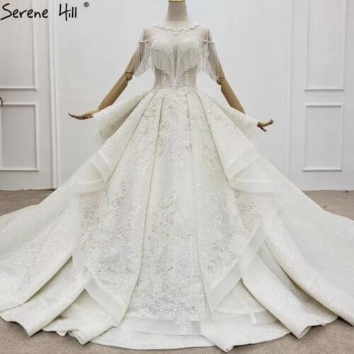Serene Hill Ivory Luxury Sparkle Wedding Dress 2020 Dubai Beading Tassel Short Sleeve Bridal Wear Gown Custom Made CHX0139