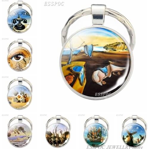 Salvador Dali Painting Keychain Glass Dome Jewelry The Persistence of Memory Key Chain Artistic Gifts for Friend Pendant