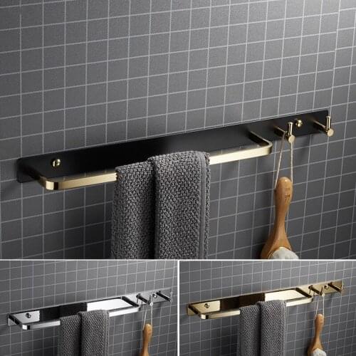Bathroom Hardware Towel Holders Rack/Bars Soild Brass Wall Mounted Bath Accessories With Hooks Nail Punched Black Gold 50CM