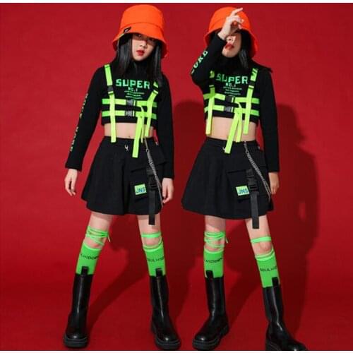 Kids Cool Hip Hop Show Clothing Black Sweatshirt Tops Streetwear Skirt Mini for Singers Girls Jazz Dance Costume Set Clothes