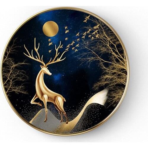 HD Prints Cartoon Gold Deer Canvas Painting Wall Art Night View Round Poster Modern Home Decor Modular Pictures For Living Room