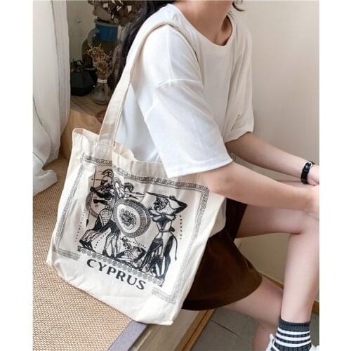 Women Canvas Shoulder Bag Girls Vintage Cotton Cloth Shopping Bag Greek illustration Cyprus Eco Simple Handbag Totes