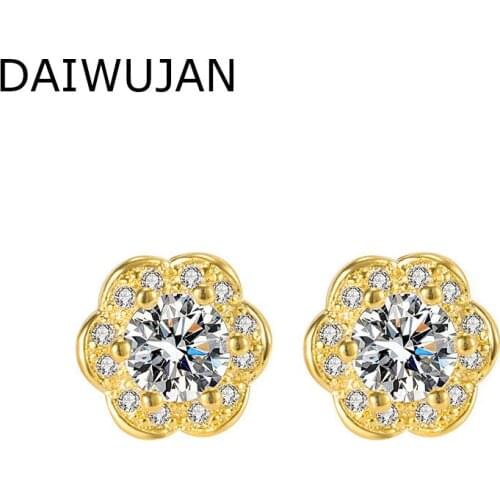 DAIWUJAN Korean Gold Color Flower Stud Earrings For Women 925 Silver Temperament Crystal Small Earrings Fashion Wedding Jewelry