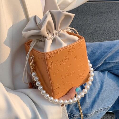 Small PU Leather Bucket Bag for Women 2021 Luxury Beading Chain Shoulder Handbags Designer Box Shoulder Bag