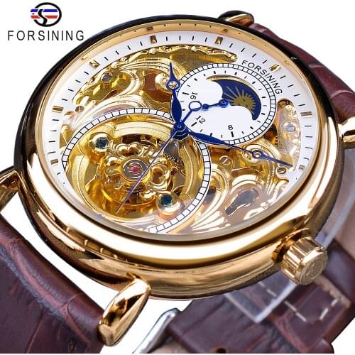 Forsining White Golden Display Brown Genuine Leather Moonphase Design Fashion Blue Hands Mens Mechanical Watch Top Brand Luxury