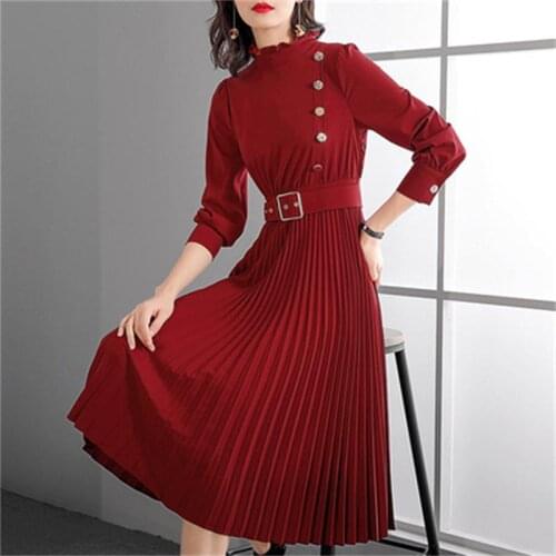Fashion dress female autumn / spring New fashion lotus leaf collar pleated slim waist dress women Increase size 3XL