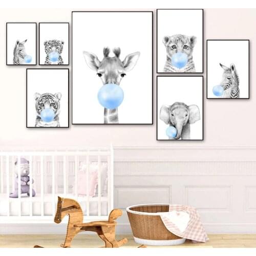 Cartoon Giraffe Elephant Lion Zebra Blue balloon Canvas Painting Poster Kindergarten Baby Room Childrens Room Wall Art Decor