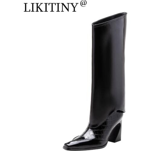 NEW LIKITINY 2021 Spring Autumn Fashion Strange Style Heels Slip on Womens shoes leisure Genuine leather Knee high boots