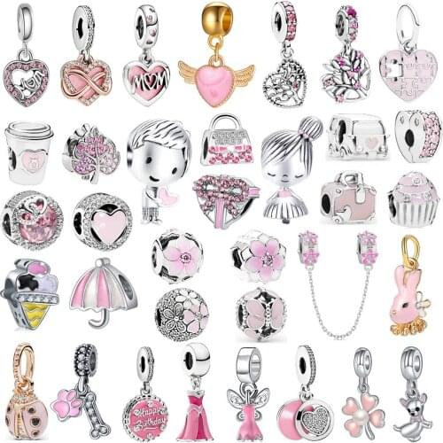 New Pink Ice Cream Heart-shaped MOM Flower Pendant Suitable for Original Pandora Charm Bracelet Necklace DIY Ladies Jewelry Gift