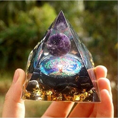 60mm Orgonite Pyramid Amethyst Natural Crystal Sphere Stone Energy Healing Reiki Chakra Multiplier Resin Home Decorative Crafts