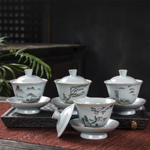 Ru Kiln Covered Bowl High Quality Sancai Tea Bowl Creative Ceramic Kung Fu Tea Set Tea Bowl Large Capacity Ceramic Covered Bowl