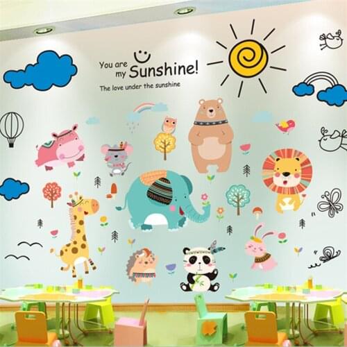 [SHIJUEHEZI] Cartoon Animals Wall Stickers DIY Clouds Sun Mural Decals for Kids Rooms Baby Bedroom Home Decoration Accessories