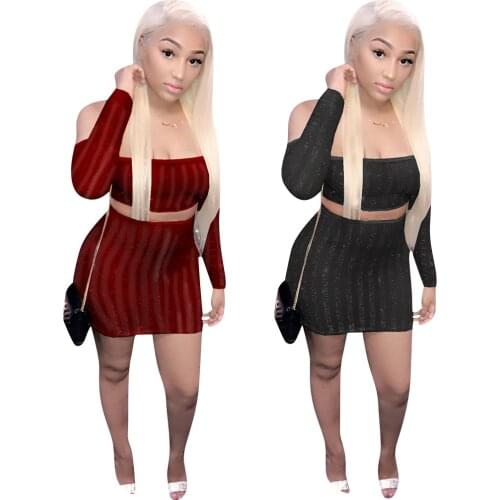 4319 Sexy Off Shoulder Mesh Solid Color Long Sleeve See-Through Shimmering Powder Irregular Skirt Suit 2 Piece Set