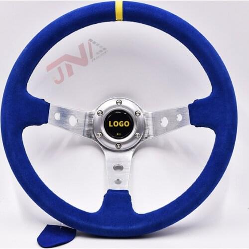 Universal Blue JDM Suede Leather steering wheel with Horn Button & Aluminum Spoke turning wheel