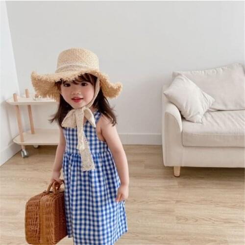 Korean style summer kids girl plaid strap dress fashion cute sleeveless little princess casual dresses