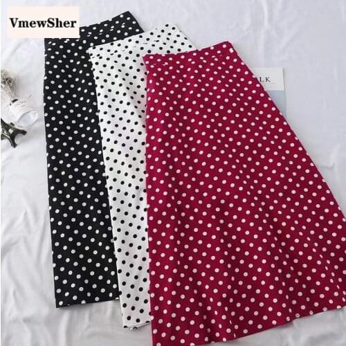 VmewSher New Casual Polka Dot Print Spring Women Skirt Elastic High Waist Black White Lady Elegant Summer Mid-calf Long Skirts