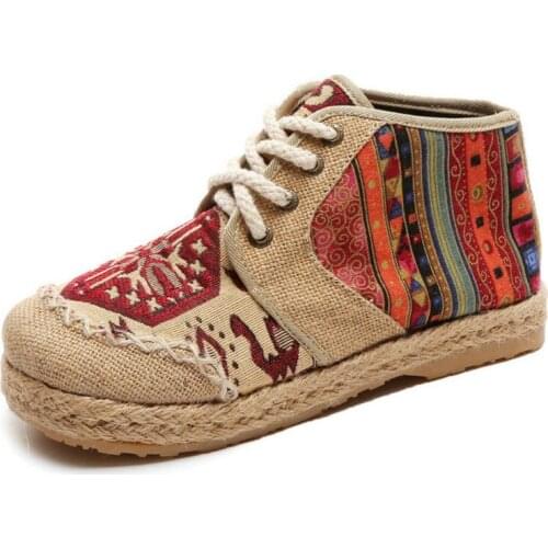 QWEDF Vintage Embroidered Womens Shoes Boho Cotton Linen Canvas Single Knit Round Toe Lace-up Cloth Shoes Womens Flats F3-58