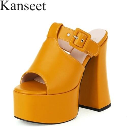 Kanseet Platform Women Slippers Summer 2021 Hot Sale Buckle Strap Elegant 15cm Super High Heel Black Yellow Sexy Female Shoes 43