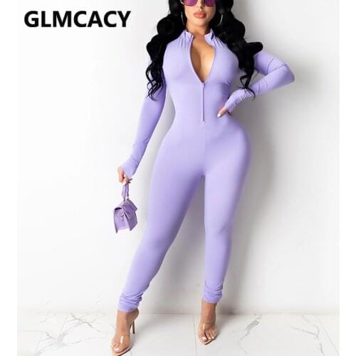 Women Long Sleeve Casual Solid Zipper Front Slim Jumpsuit