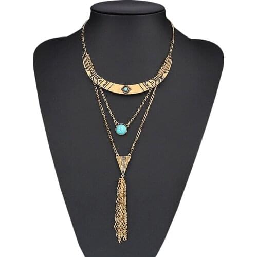 Bohemian Style Semicircle Carved Inlaid Stone Statement Jewelry Triangle Gold Alloy Tassel Multi-Layer Neck Necklace for Women