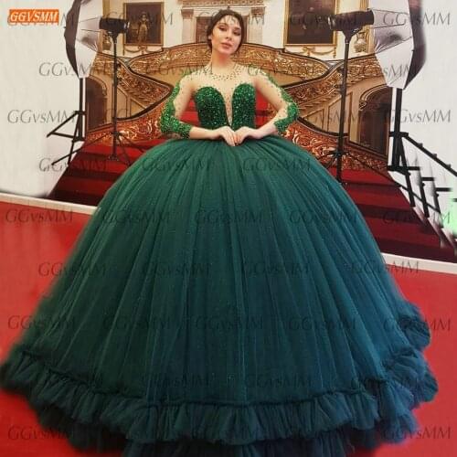 Dark Green Bdeaing Wedding Gown Long Sleeves 2021 vestido de novia O Neck Fluffy Chic Arabic Bride Dresses Custom Made Trouwjurk