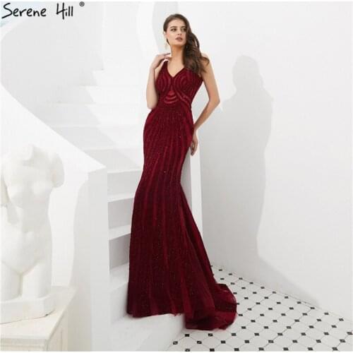 Sexy Backless Wine Red Mermaid Prom Dresses Crystal Formal Gowns Dubai Robe De Soiree V-neck Party Gowns DLA6693