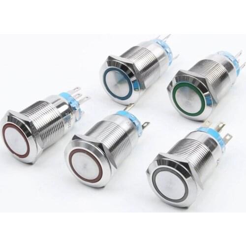 10pcs 19mm Metal brass Push Button Switch flat round illumination ring Momentary self reset locking 1NO 1NC Car press button