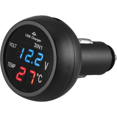 12V/24V Car Voltage Meter Monitor 3 in 1 LED USB Car Charger Voltmeter Thermometer Car Battery Monitor LCD Digital Dual Display