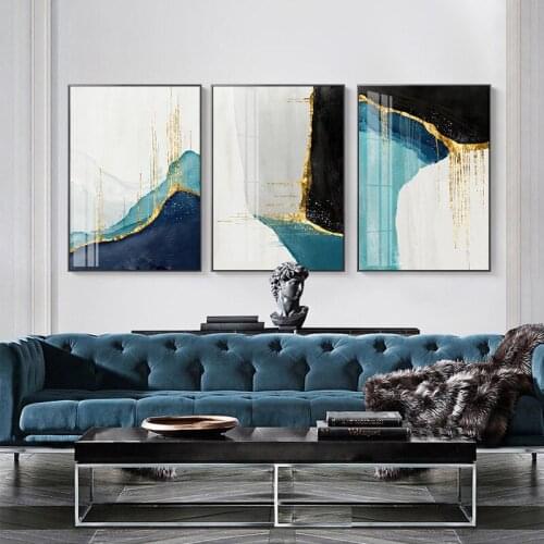 Abstract Patchwork Geometric pattern Blue gilt Golden Spot modern decorative Picture Canvas Wall Art Poster for room hotel decor