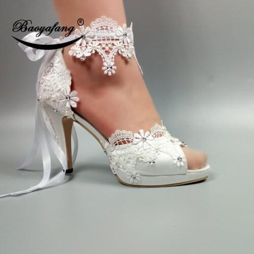 BaoYaFang white Lace Womens weddding shoes Peep Toe Lace-Upcrystal party dress shoes 10cm thin heel Pumps High shoes