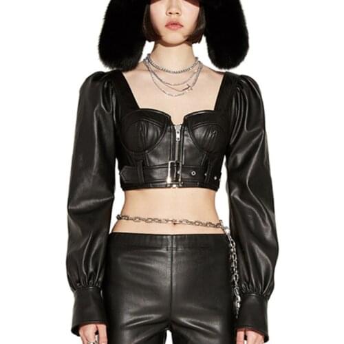 Black Patchwork Short Jacket For Women Square Collar Long Sleeve High Waist Streetwear Slim Leather Jackets Female 2020 Tide