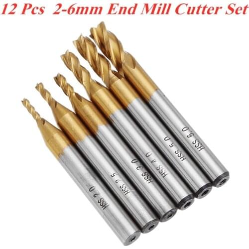 Drillpro 12pcs DIY 2-6mm Titanium Coating HSS 4 Flute End Mill Cutter 6mm Shank CNC Drill Bit Set For Milling Machine
