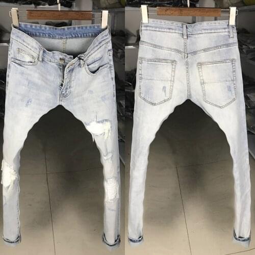 Streetwear Denim Punk Trousers Patch Designer Fashion Men Jeans Retro Light Blue Elastic Slim Fit Ripped Jeans Men Hip Hop Pants