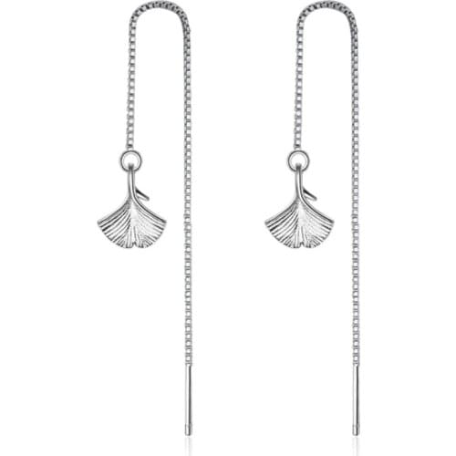 Ginkgo biloba leaf art and art forest small fresh Korean temperament long silver plated earrings IR006