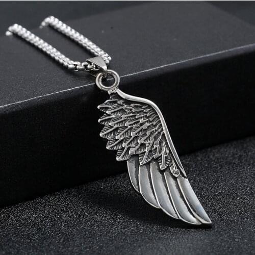 Personality Mens Womens Jewelry Vintage Cross Angel Wing Pendant Necklace Long Stainless Steel Necklace Charms