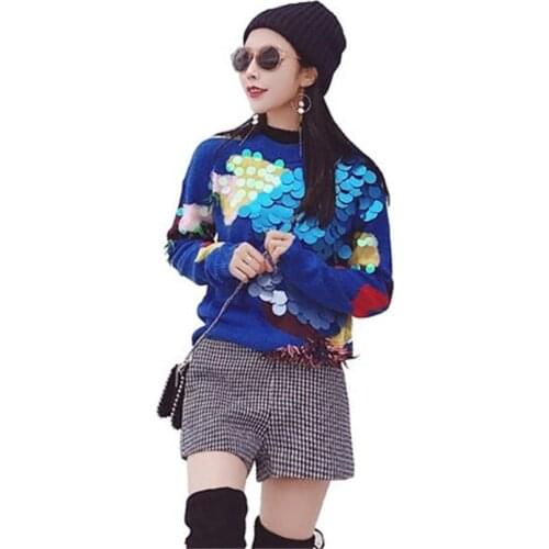 Set womens autumn fashion new Sequins temperament shorts suit sweater two sets of autumn and winter