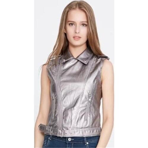 New Autumn women clothing high quality PU lapel leather vest women jacket Short slim was thin leather clothing Motorcycle jacket
