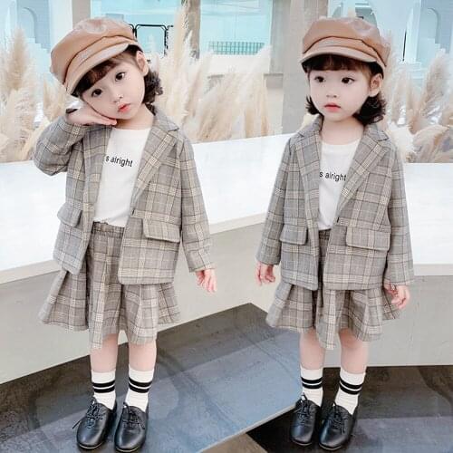 New Girls'Children Grid Suit Skirt Western Style Two-Piece Costume For Kids Pleated Skirt Suit Grey A Grain Of Buckle Coat